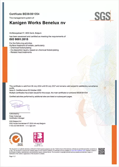 Nos qualifications ISO 9001-2015 Kanigen Works Benelux